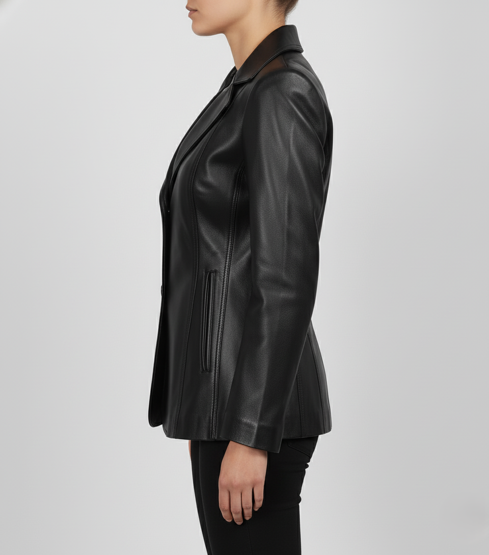 Womens Black Formal Leather Coat - Side View
