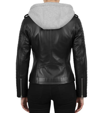 Womens Black Hooded Biker Leather Jacket - Back View