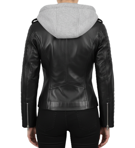 Womens Black Hooded Biker Leather Jacket - Back View