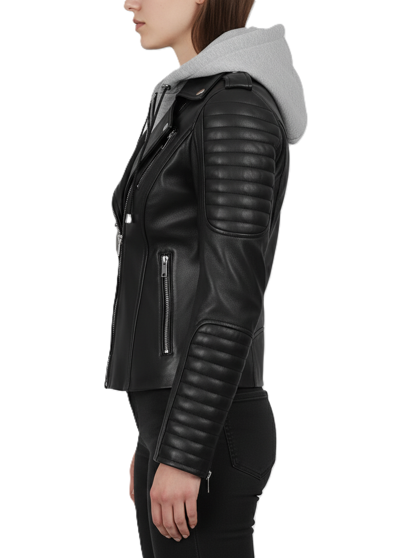 Womens Black Hooded Biker Leather Jacket - Detail View