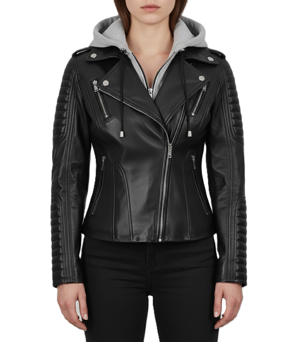 Womens Black Hooded Biker Leather Jacket - Front View
