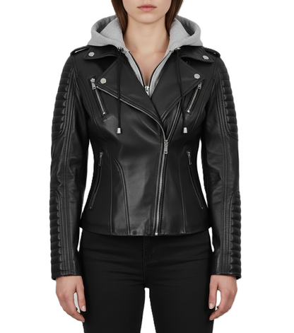 Womens Black Hooded Biker Leather Jacket - Front View