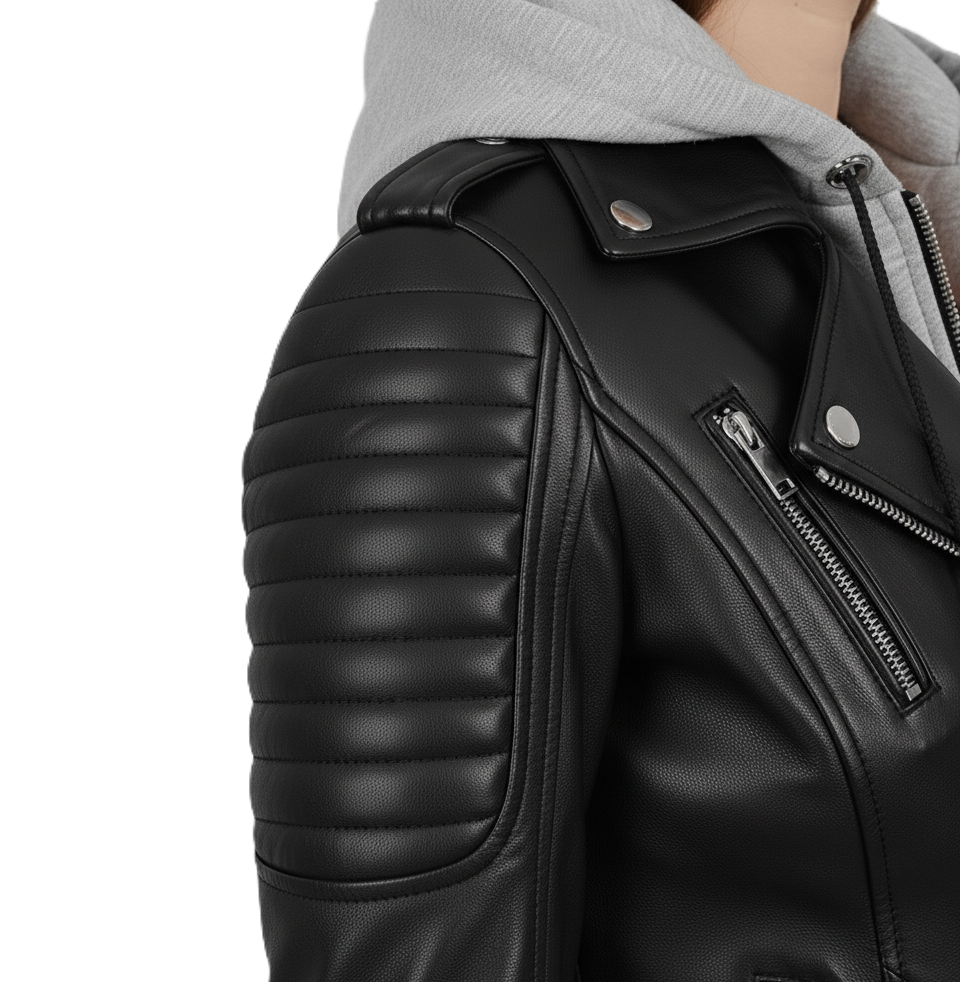 Womens Black Hooded Biker Leather Jacket - Full Look