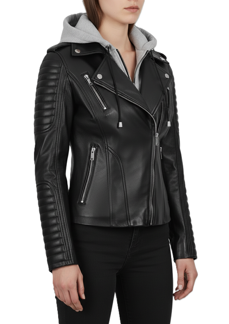 Womens Black Hooded Biker Leather Jacket - Hood Detail