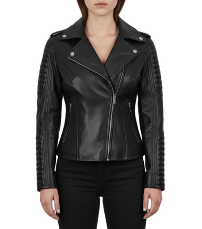Womens Black Hooded Biker Leather Jacket - Side View
