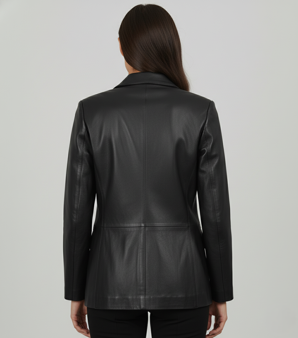 Womens Black Leather Blazer - back View