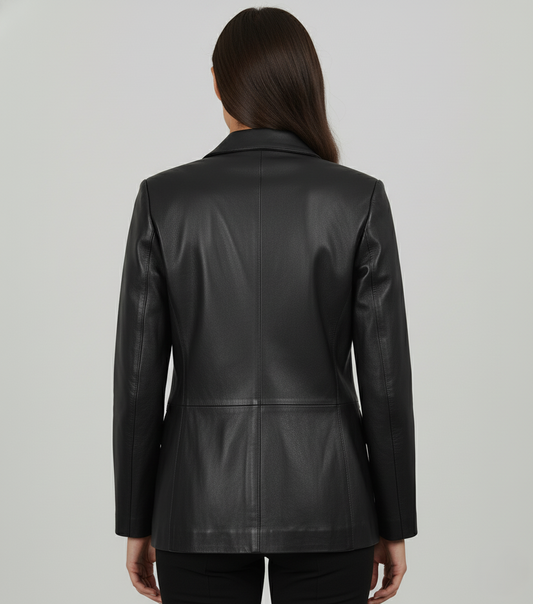 Womens Black Leather Blazer - back View