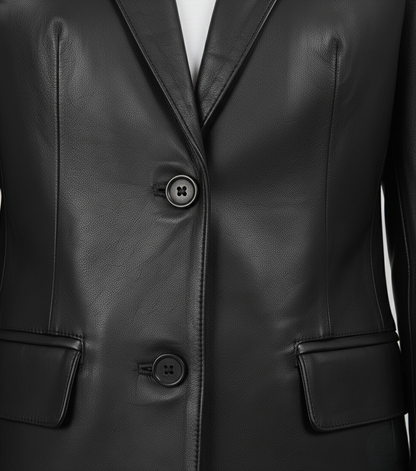 Womens Black Leather Blazer - Collar Detail