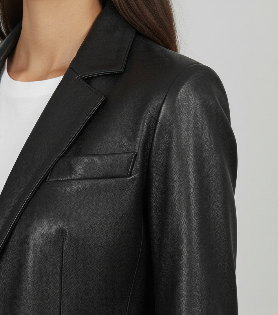 Womens Black Leather Blazer - Detail View