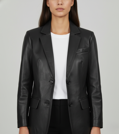 Womens Black Leather Blazer - Front View