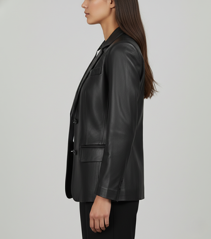 Womens Black Leather Blazer - Side View