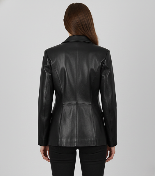 Womens Black Leather Casual Coat - Back View