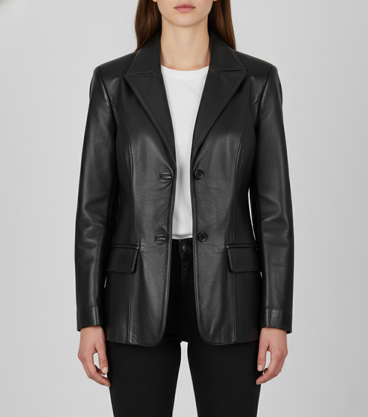 Womens Black Leather Casual Coat - Front View