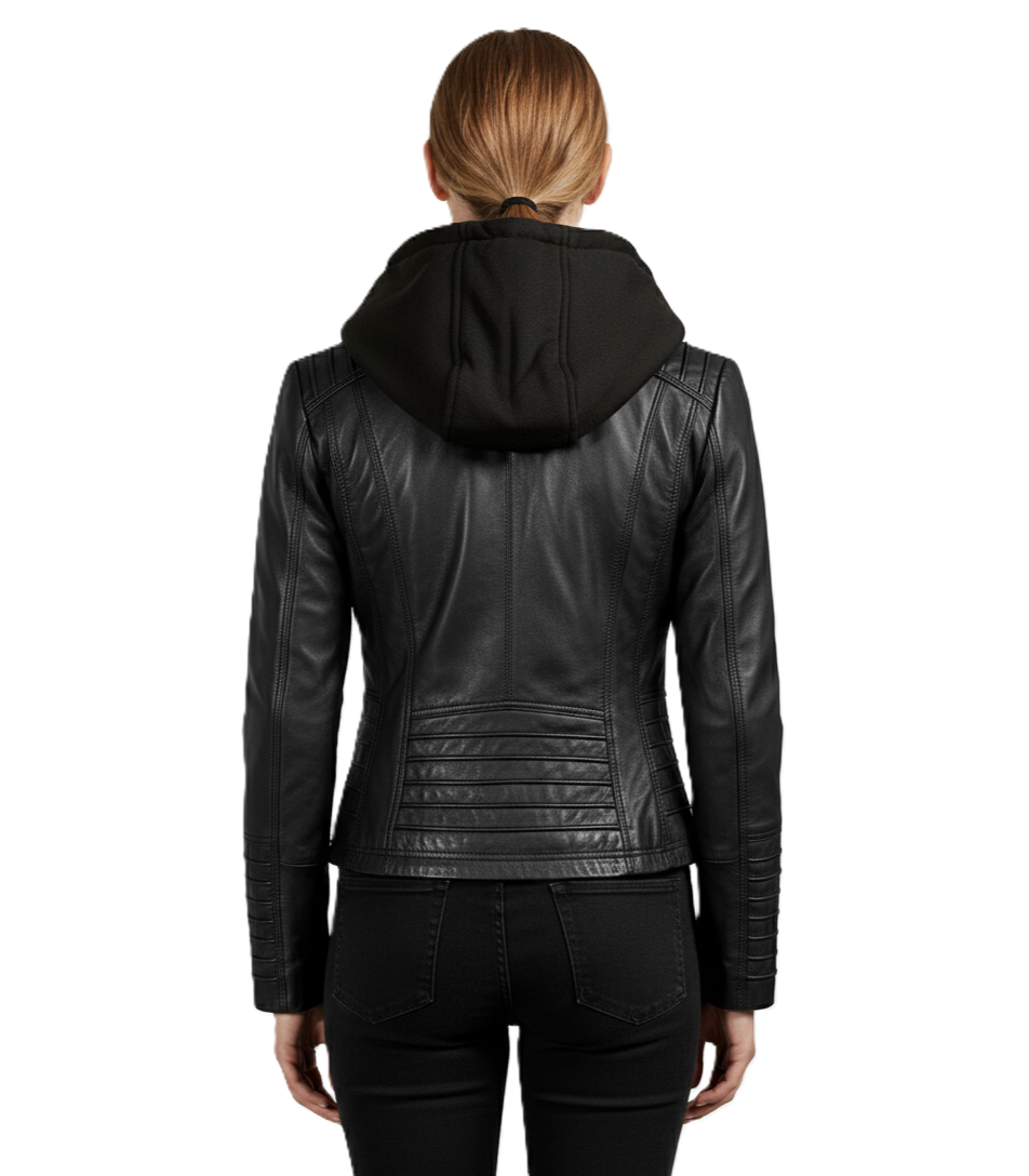 Womens Black Leather Jacket with Removable Hoodie - Back View