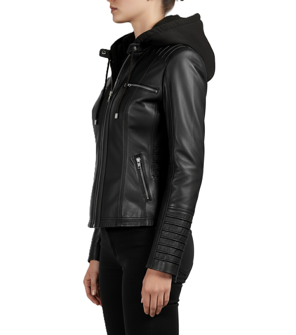 Womens Black Leather Jacket with Removable Hoodie - Detail View