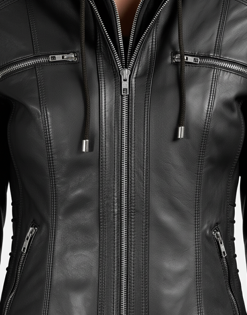 Womens Black Leather Jacket with Removable Hoodie - Full Look