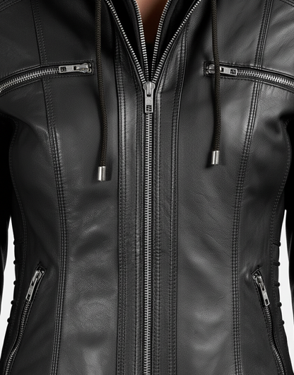 Womens Black Leather Jacket with Removable Hoodie - Full Look