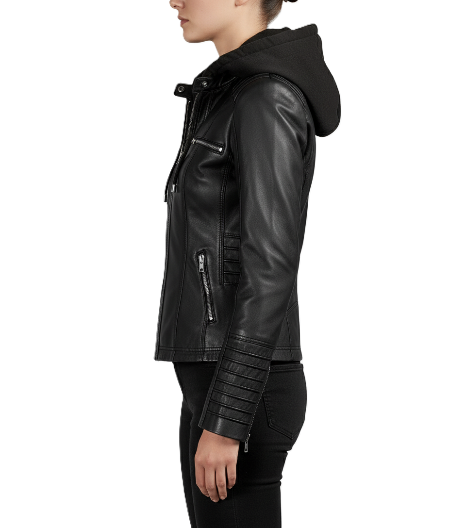 Womens Black Leather Jacket with Removable Hoodie - Side View