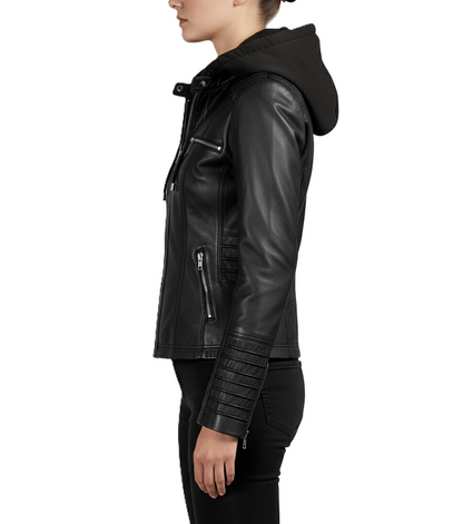 Womens Black Leather Jacket with Removable Hoodie - Side View