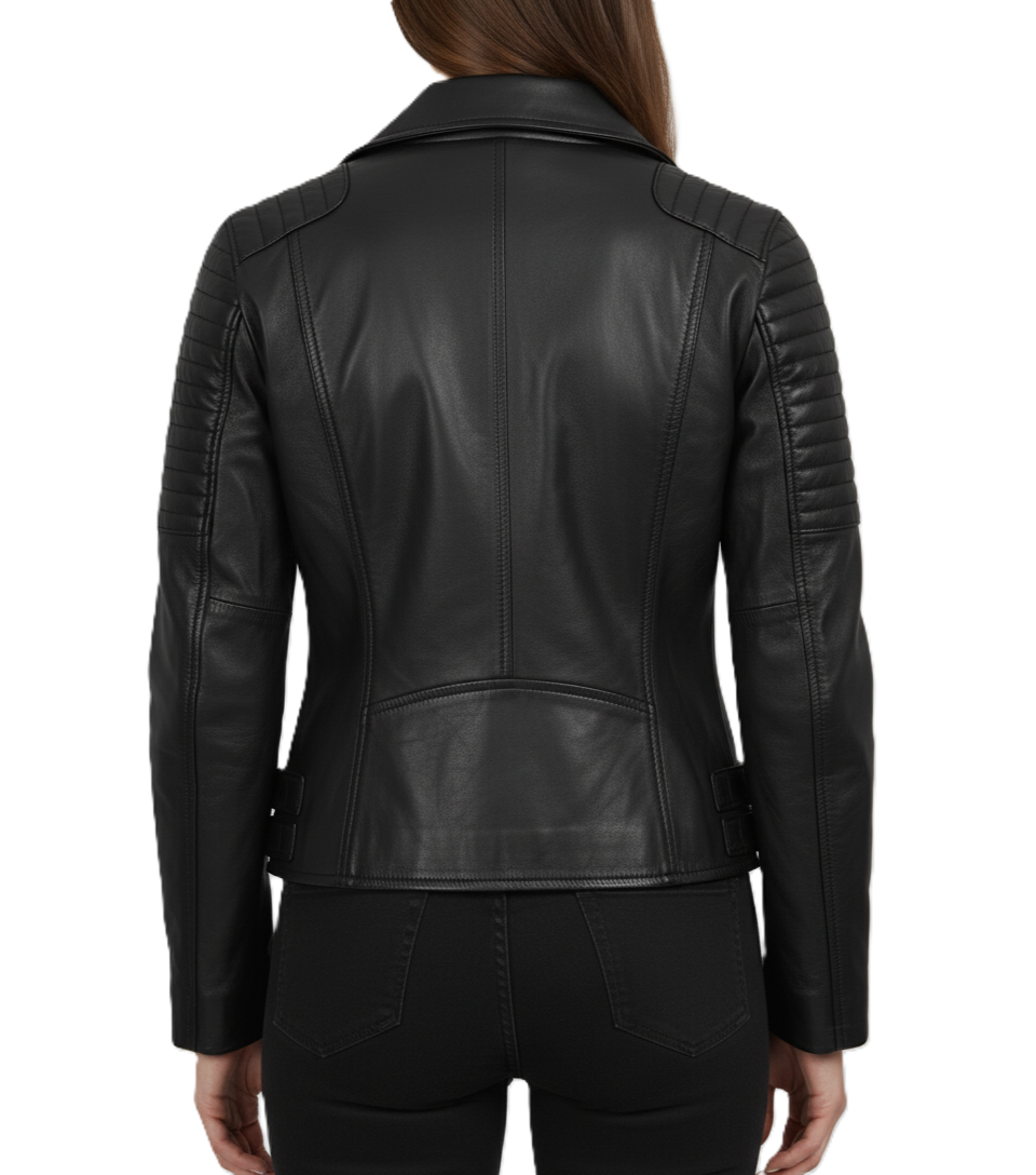 Womens Black Leather Motorbike Jacket Shoulder Padding - Back View