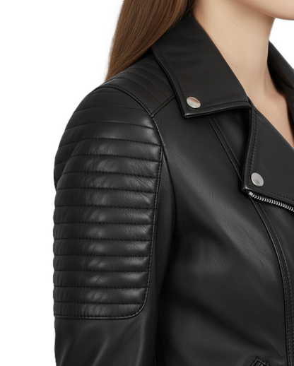 Womens Black Leather Motorbike Jacket Shoulder Padding - Collar Detail