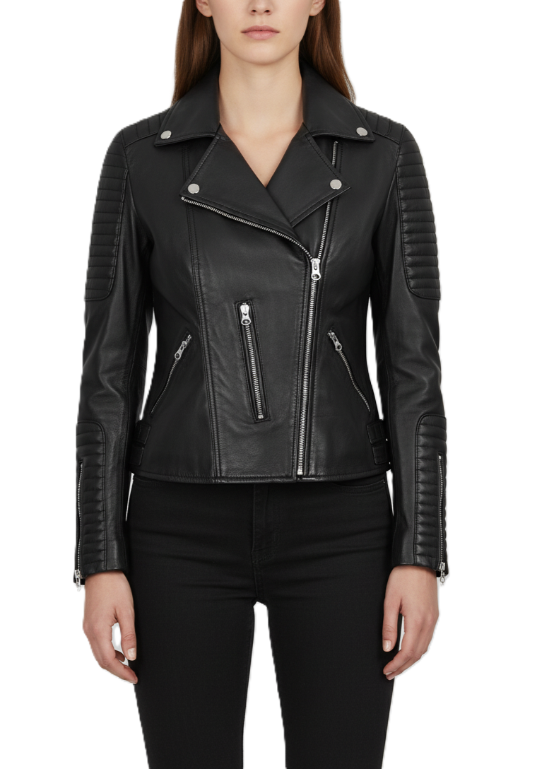 Womens Black Leather Motorbike Jacket Shoulder Padding - Front View