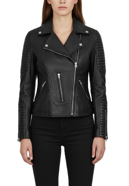 Womens Black Leather Motorbike Jacket Shoulder Padding - Front View