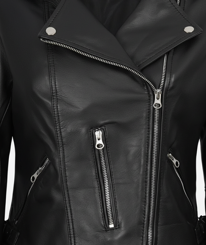 Womens Black Leather Motorbike Jacket Shoulder Padding - Full Look