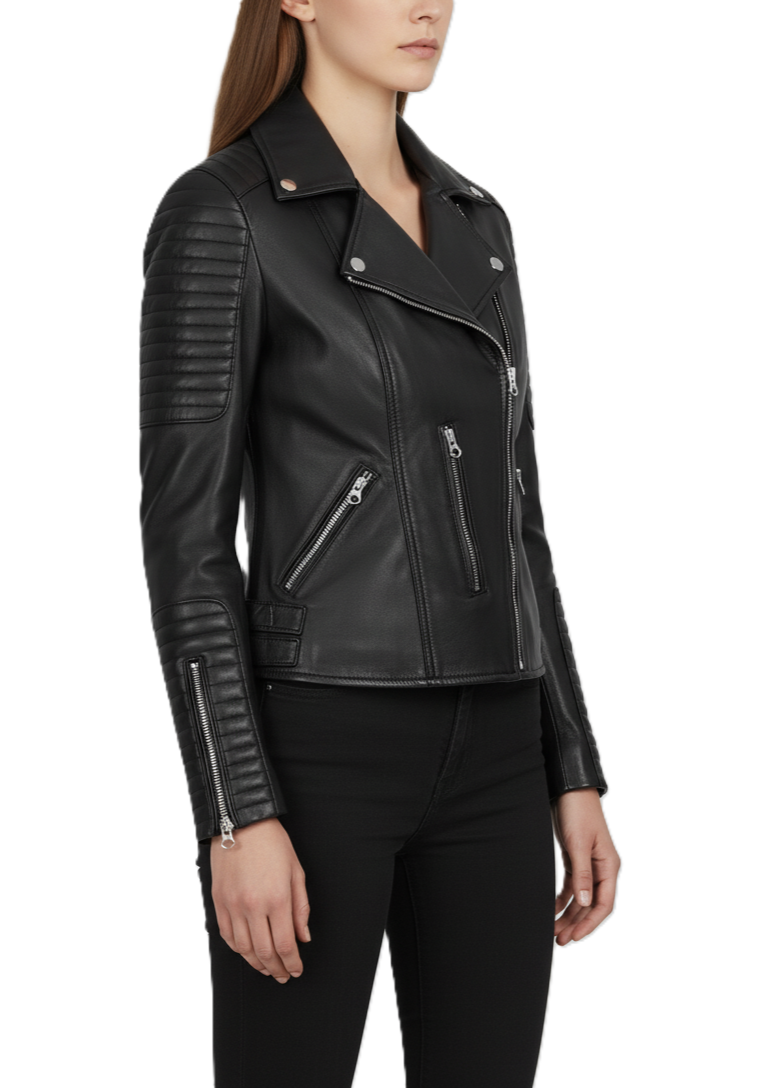 Womens Black Leather Motorbike Jacket Shoulder Padding - Side View