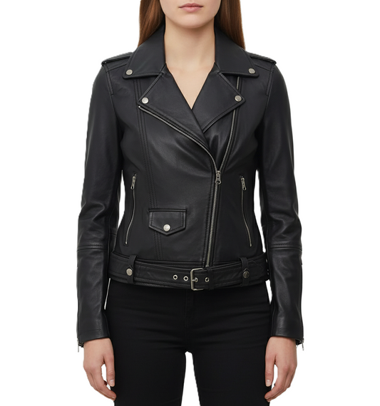 Womens Black Leather Motorcycle Jacket - Front View
