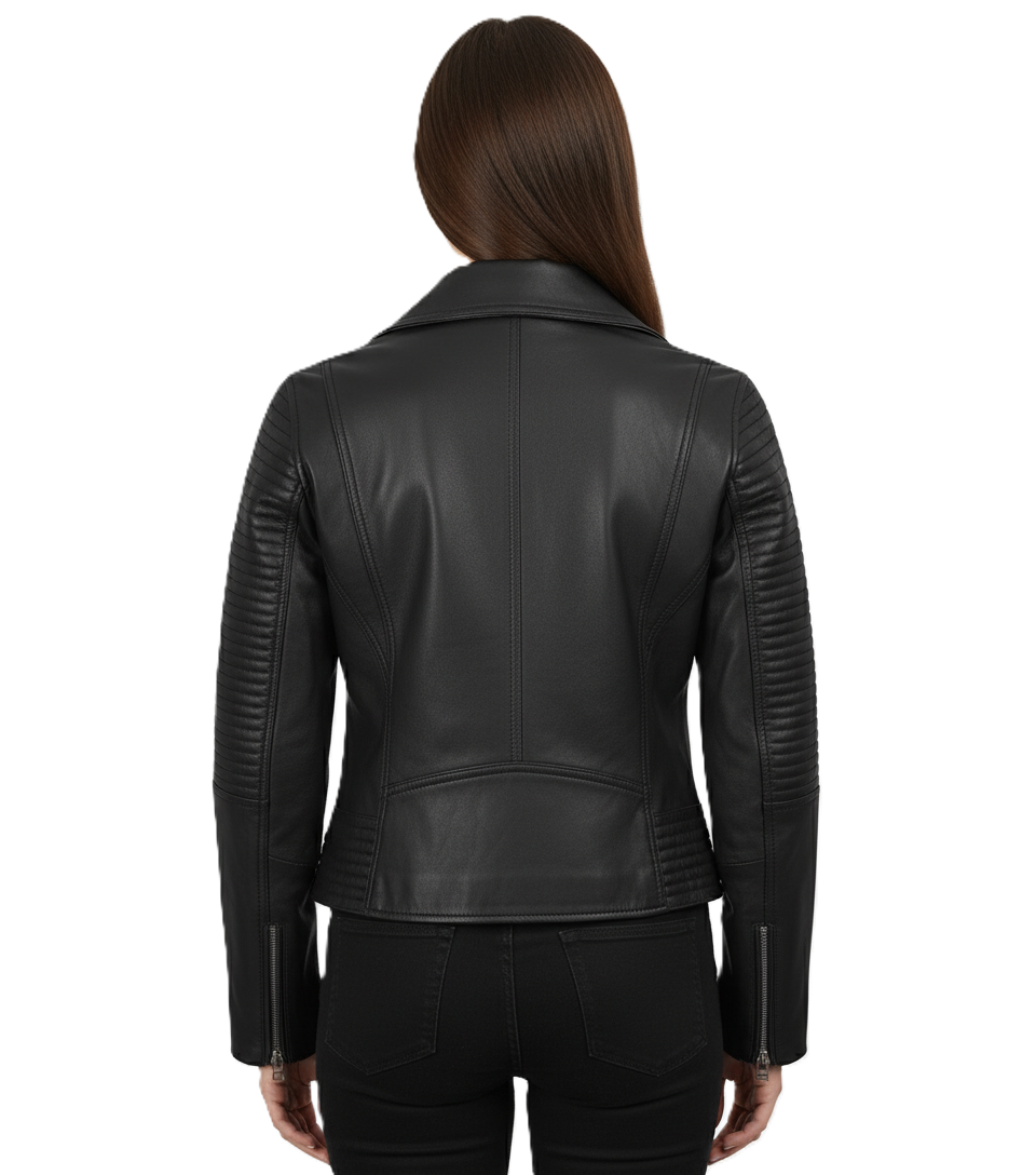 Womens Black Padded Leather Biker Jacket - Back View