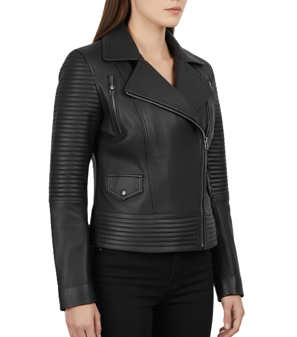 Womens Black Padded Leather Biker Jacket - Detail View
