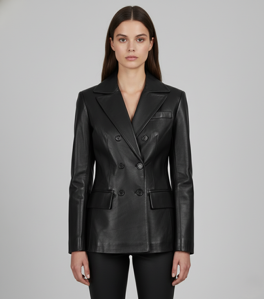 Womens Black Party Wear Leather Coat - Front View