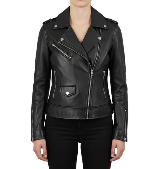 Womens Black Real Leather Biker Jacket - Front View