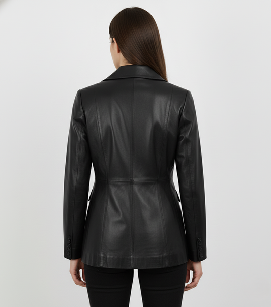 Womens Black Single Button Leather Blazer - Back View