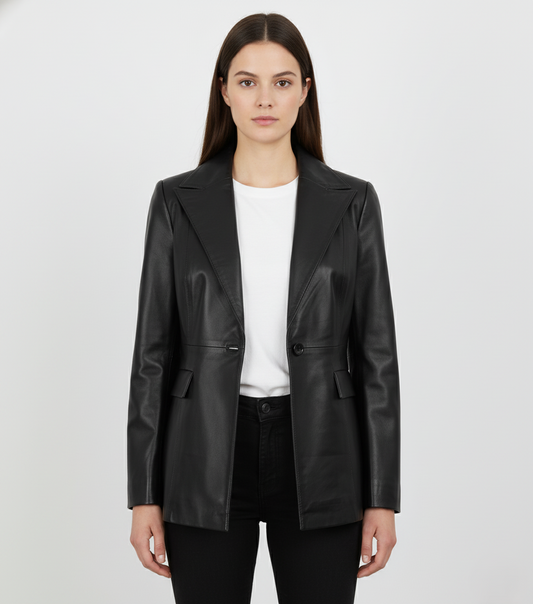 Womens Black Single Button Leather Blazer - Front View