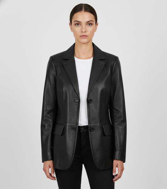 Womens Black Slim Fit Leather Blazer - Front View