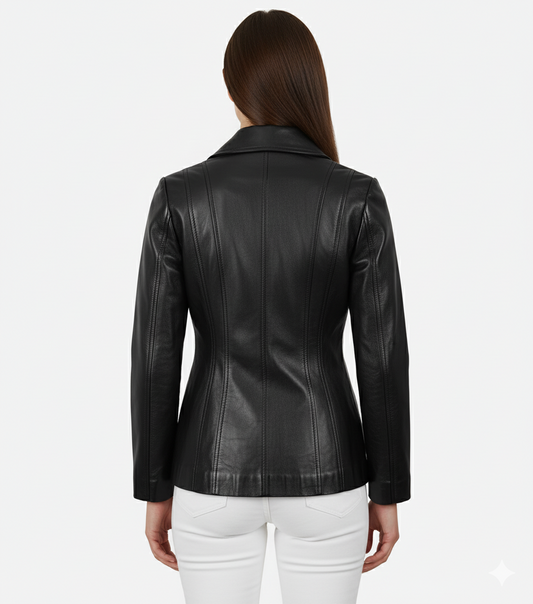 Womens Black Three Button Leather Coat - Back View