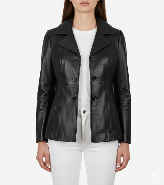 Womens Black Three Button Leather Coat - Front View
