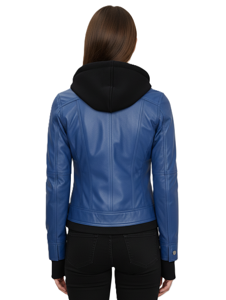 Womens Blue Hooded Leather Bomber Jacket - Back View