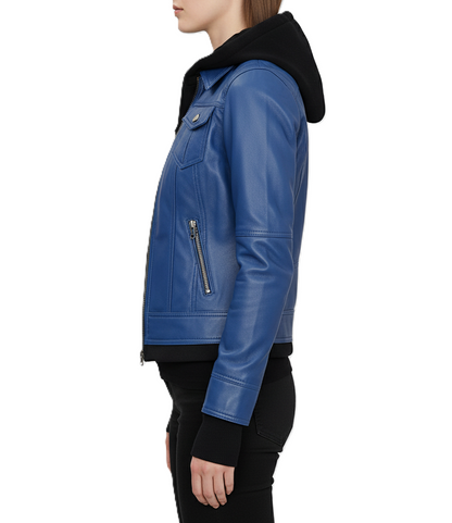 Womens Blue Hooded Leather Bomber Jacket - Detail View