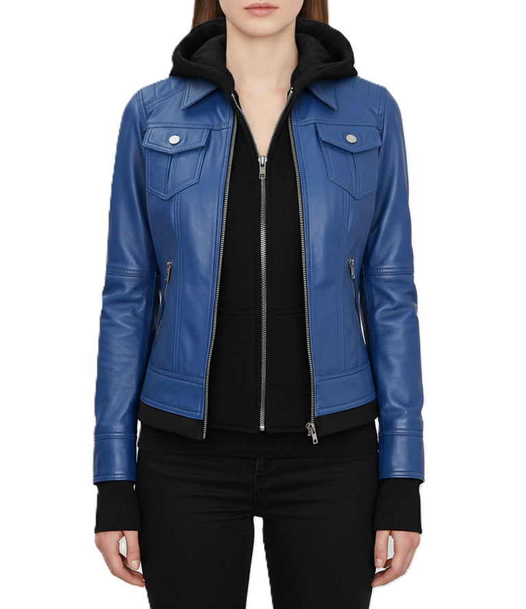 Womens Blue Hooded Leather Bomber Jacket - Front View