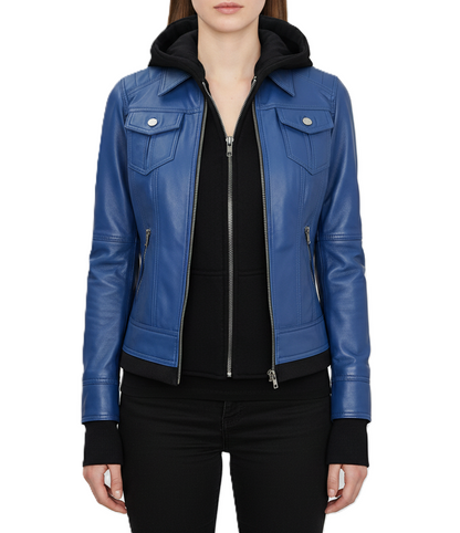 Womens Blue Hooded Leather Bomber Jacket - Front View