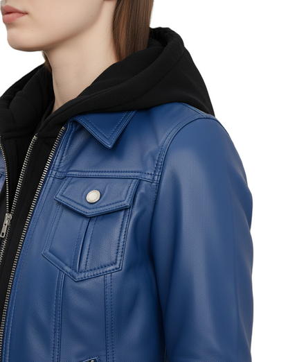 Womens Blue Hooded Leather Bomber Jacket - Full Look
