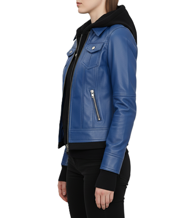 Womens Blue Hooded Leather Bomber Jacket - Hood Detail