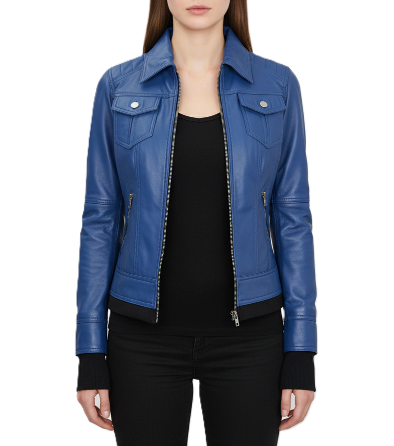 Womens Blue Hooded Leather Bomber Jacket - Side View