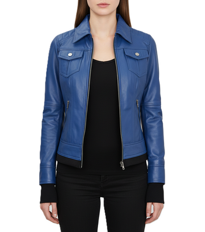Womens Blue Hooded Leather Bomber Jacket - Side View