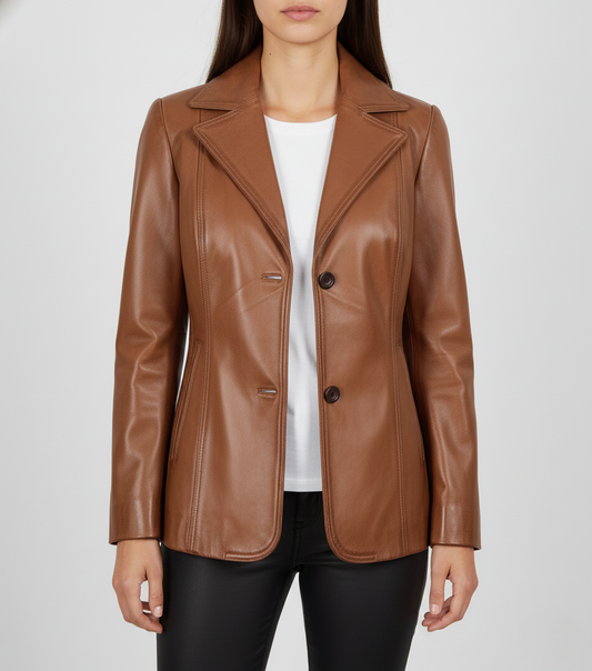Womens Brown Leather Blazer - Front View