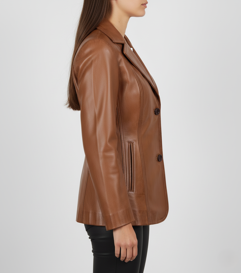 Womens Brown Leather Blazer - Left View