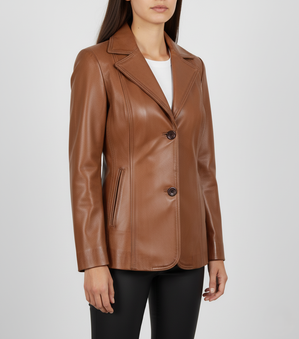 Womens Brown Leather Blazer - Side View